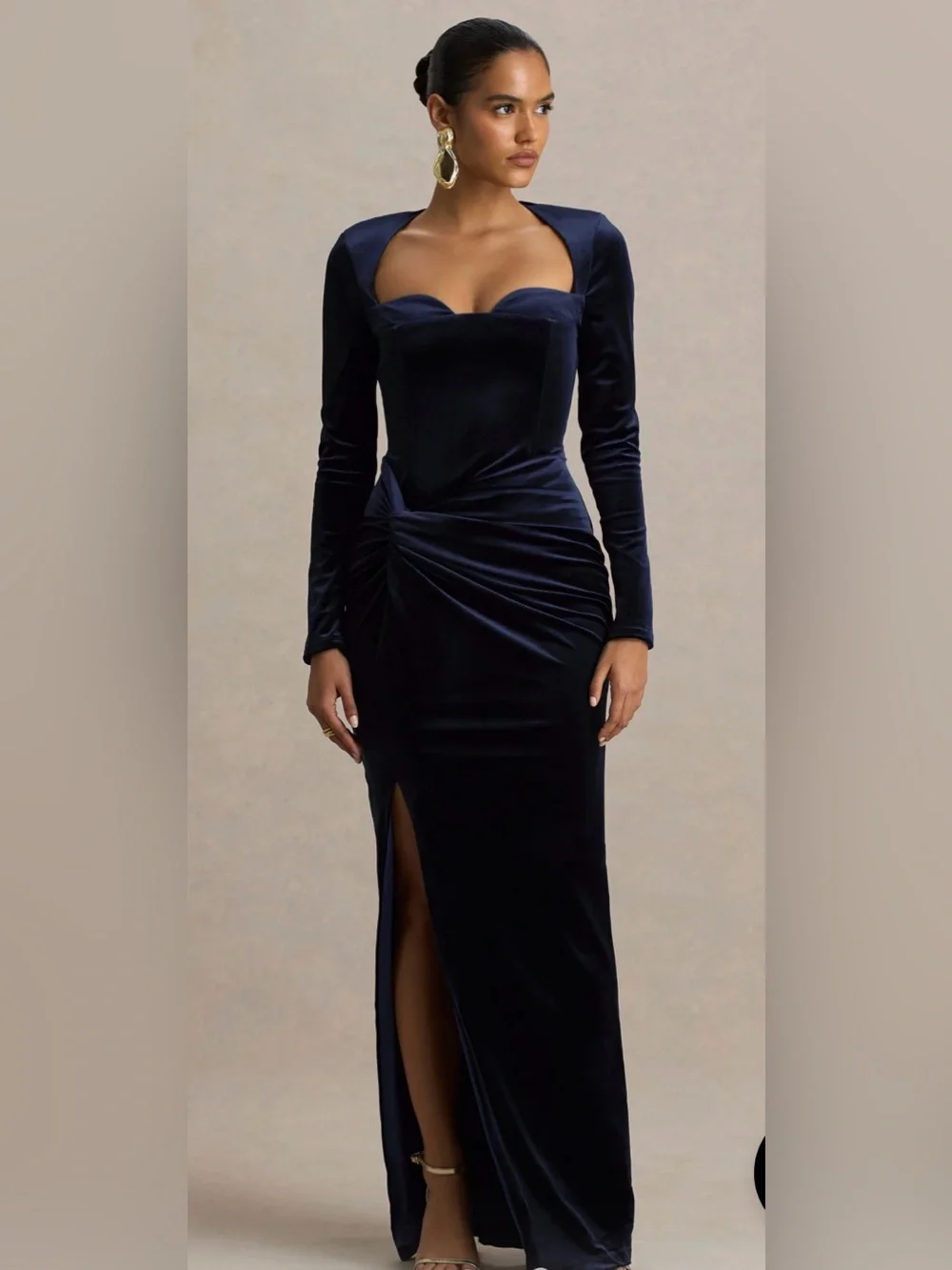 Club L Fay Navy Velvet Corset Style Knot Long-Sleeve Ruched Evening Dress Formal